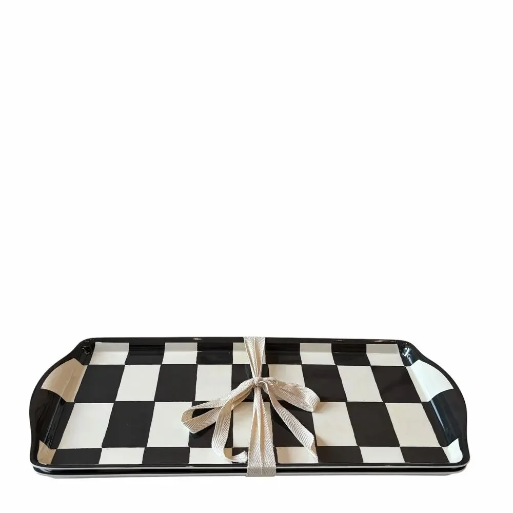 2pc Black & White Checkered Melamine Serving Trays 15x6.5 Mackenzie Style New